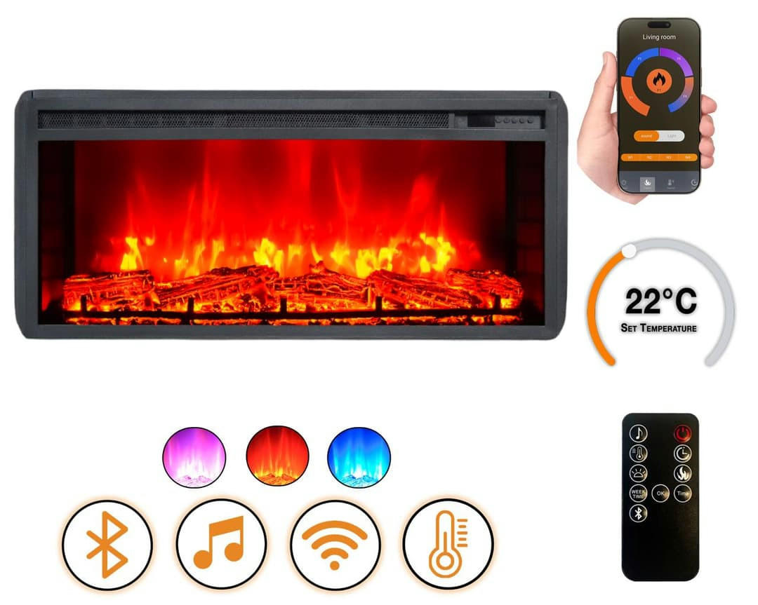 ELEKTROKAMIN 1800 W mit Bluetooth Lautsprecher EF2 - Schwarz, Metall (91.1/40.4/17cm) - dlc home