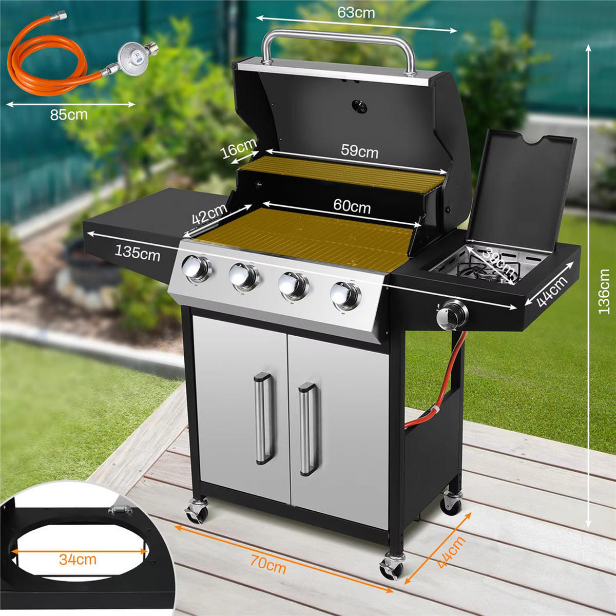 GASGRILL 4+1 Brenner mit Seitenbrenner 52000BTU, Silber - Silberfarben, Metall (70/136/44cm) - Kaket