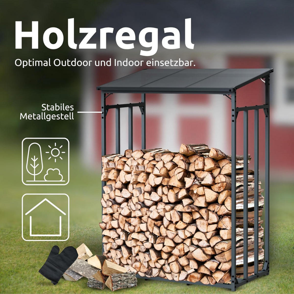 KAMINHOLZREGAL Außen mit Dach ELOS 130x70x185 cminkl. Ofenhandschuh - Anthrazit, Metall (130/185/70cm) - DELUKE