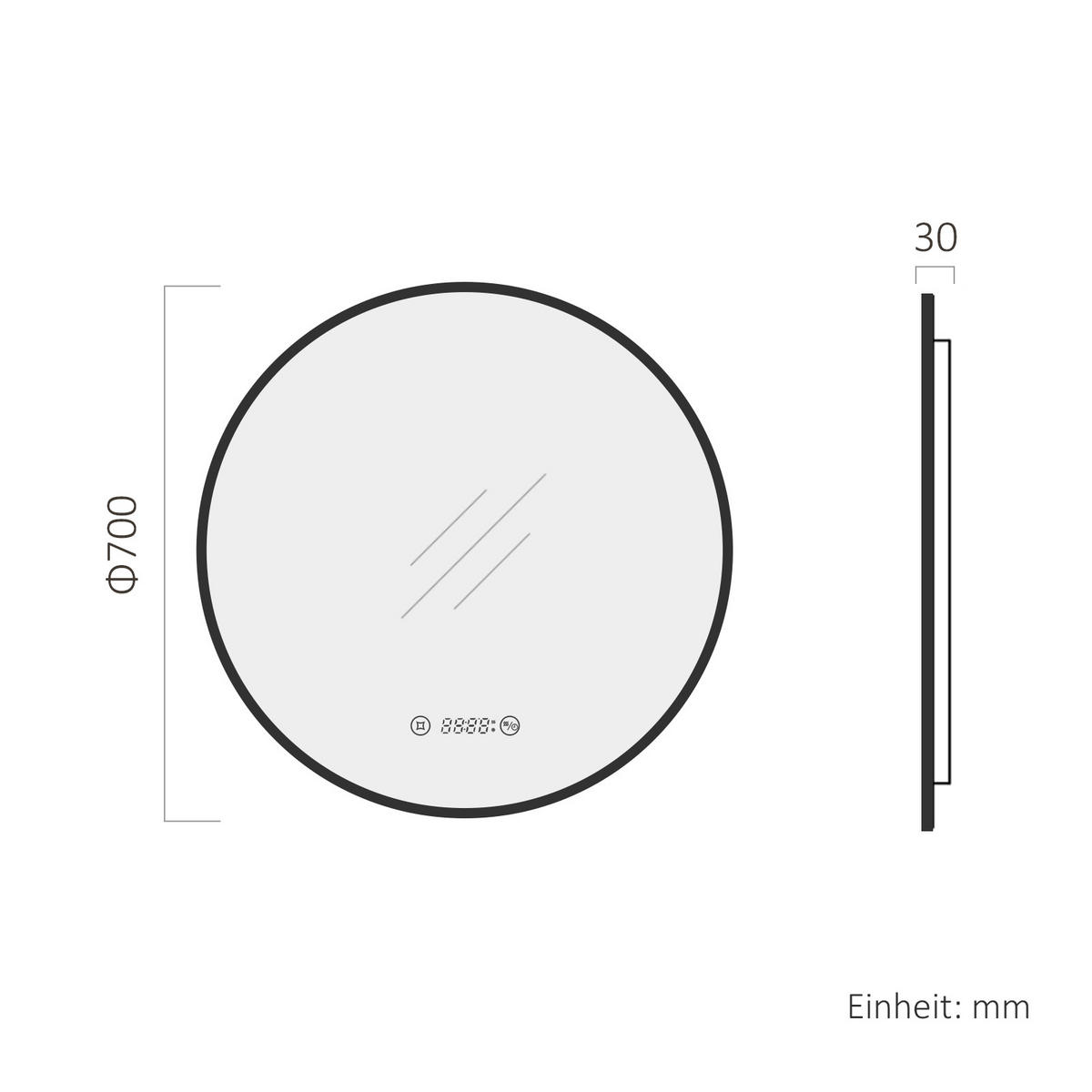 BADSPIEGEL mit LED-Beleuchtung, Anti-Beschlag-Funktion und Uhrzeitanzeige, Schwarz, Ø 70 cm - Schwarz, Glas (70/70/3cm) - EMKE