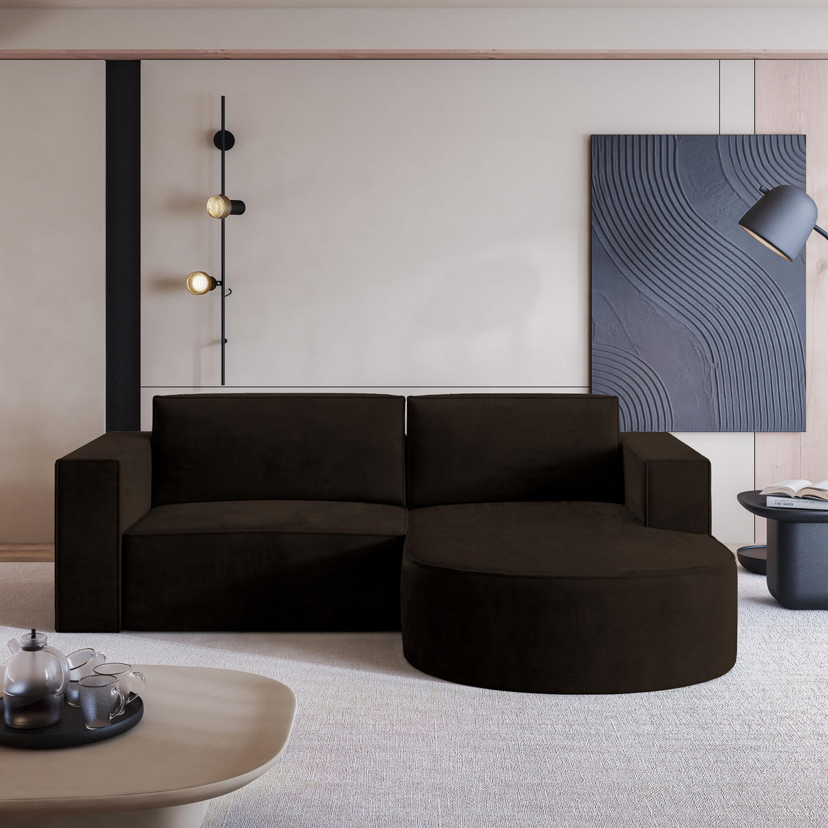 ECKSOFA SORELA M R-S Braun Velours-Stoff mit Schlaffunktion - Braun, Holz (263/174cm) - MASSENO