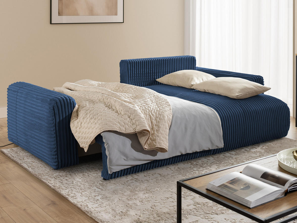 ECKSOFA Calma mit Schlaffunktion und Bettkasten im Bumpy-Design aus weichem Marineblau Plüschcord - Ottomane rechts - Blau/Schwarz, Holz/Kunststoff (140/239cm) - S-Style