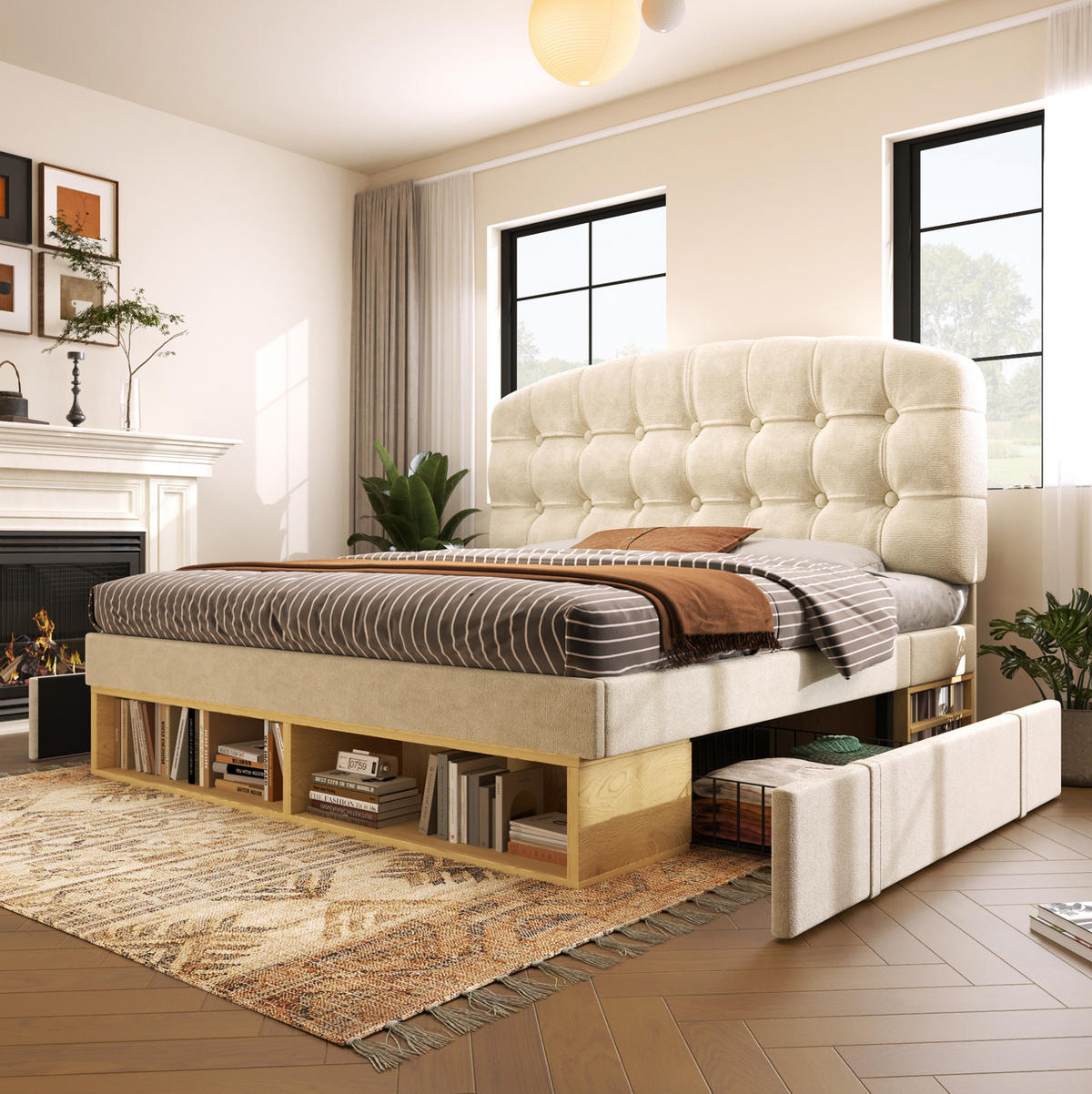 BETT mit Stauraum und Schubladen 90x200 cm Samt Beige - Beige, Metall (90/200cm) - Meubliv