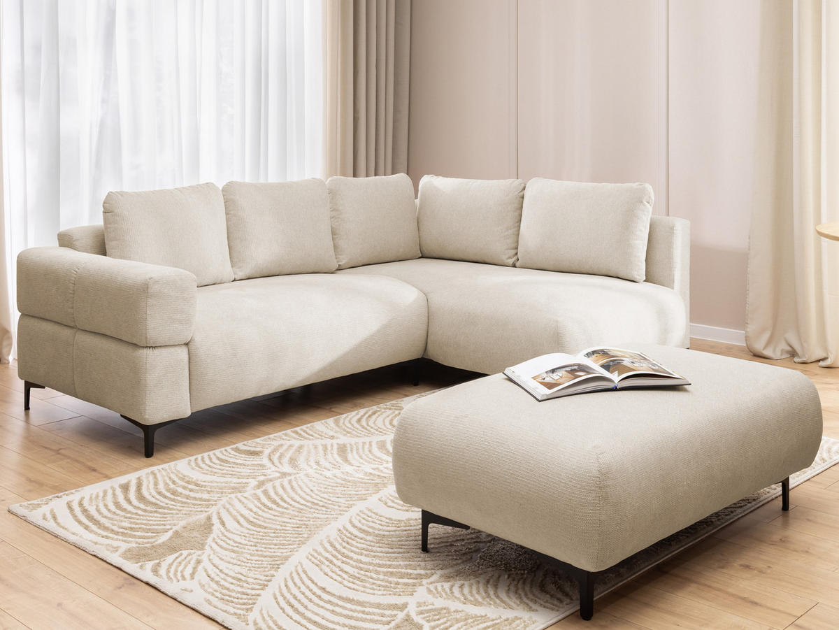 ECKSOFA inkl. Hocker Cardea mit Schlaffunktion in Bubble-Optik aus weichem Hellbeige Strukturstoff und hohem Sitzkomfort - Ottomane rechts - Beige/Schwarz, Holz/Textil (230/170cm) - S-Style Möbel