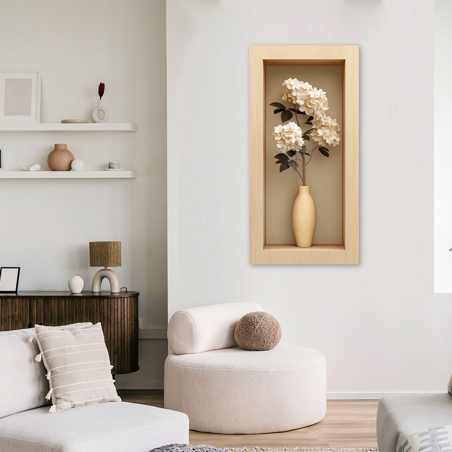 LEINWANDBILD Weiße Blumen in einer Vase in einer Vertiefung 60x120cm - Beige, Textil (60/120cm) - Feeby