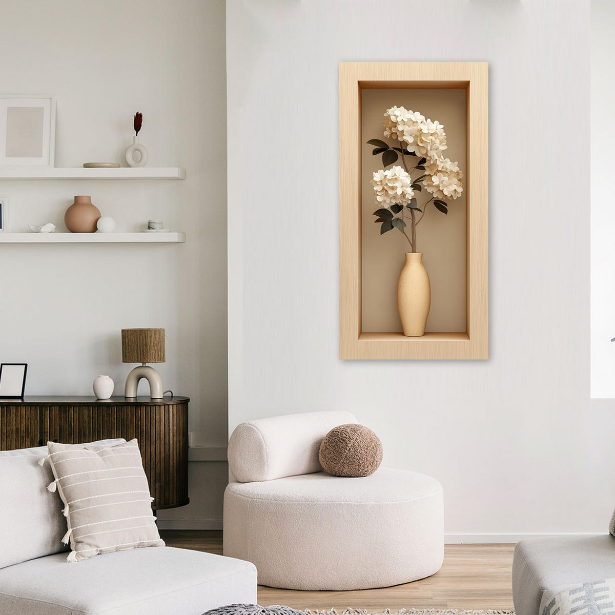 LEINWANDBILD Weiße Blumen in einer Vase in einer Vertiefung 60x120cm - Beige, Textil (60/120cm) - Feeby