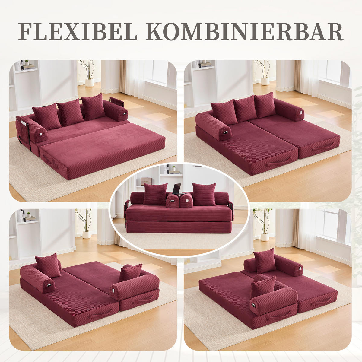 SCHLAFSOFA, Modulares Tagesbett mit Metallgestell, Klappbares Bodensofa Cordstoff, Weinrot - Weinrot, Textil (94/67/200cm) - LVHOM