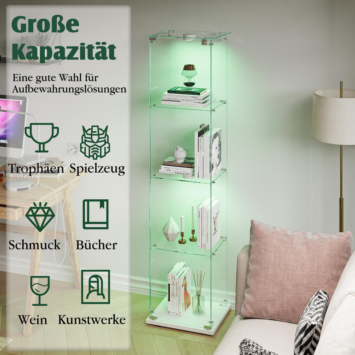 VITRINE Glas LED, 4 Regale, mit Schloss, für Wohn-, Schlaf & Esszimmer - Weiß, Holz (35/163/39.8cm)