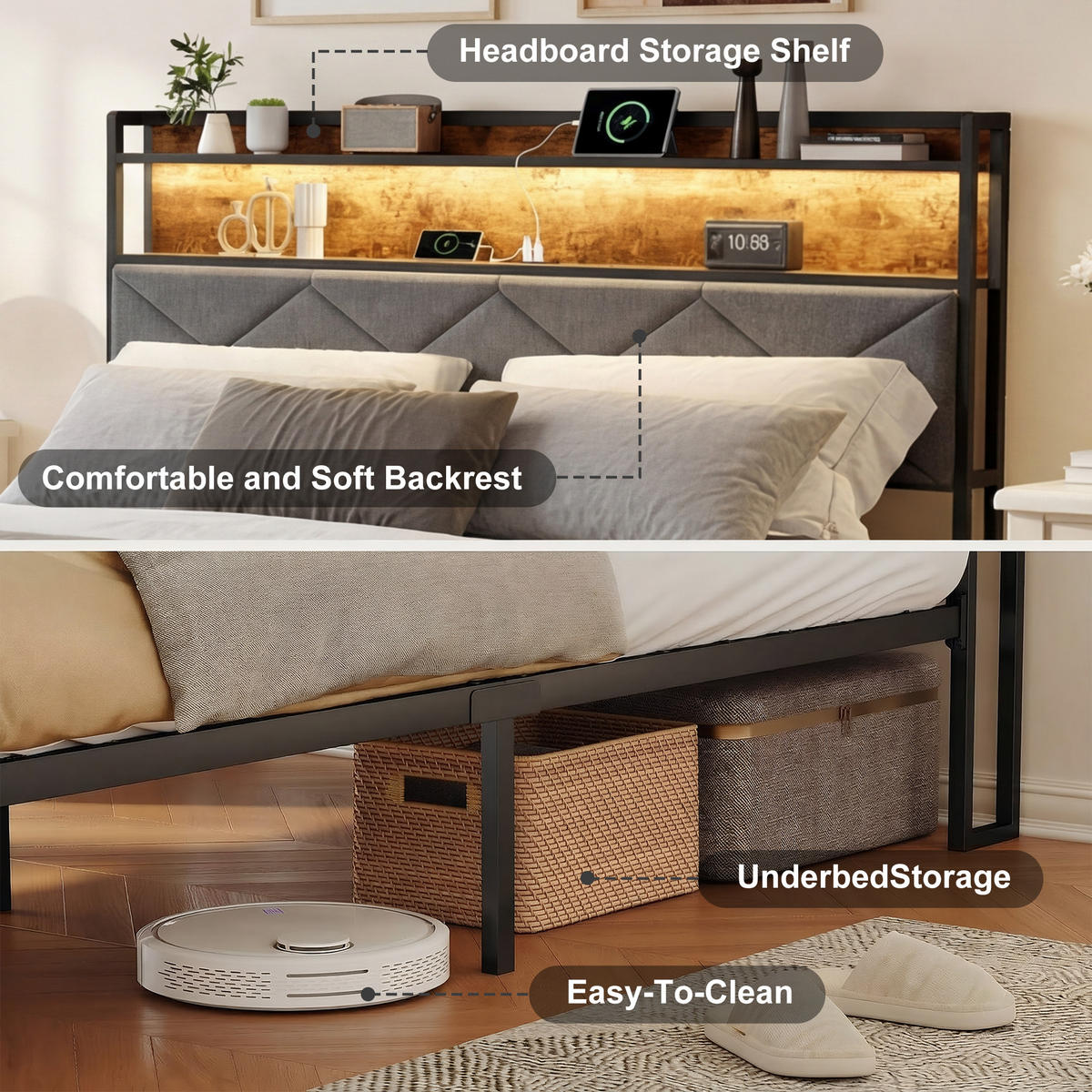 BETTGESTELL 140/200 cm grau Holz Metall mit RGB LED USB - Dunkelgrau, Holz