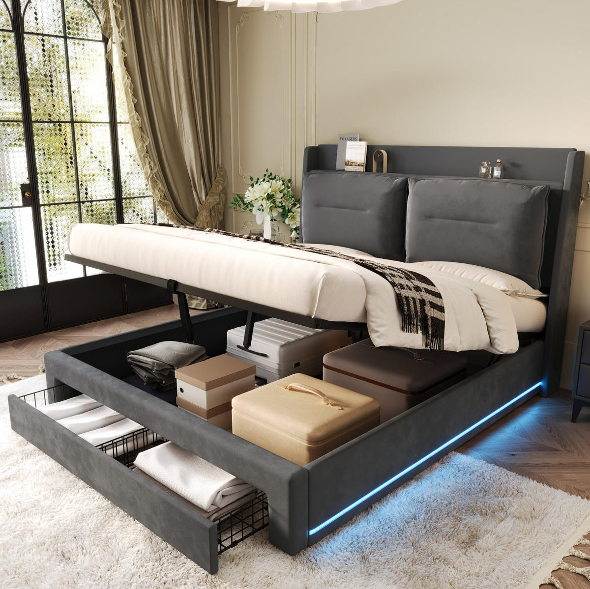 SAMT-POLSTERBETT 140/190 cm mit Bettkasten, LED-Beleuchtung und gepolstertem Kopfteil - Dunkelgrau, Textil (140/190cm) - BEAOK