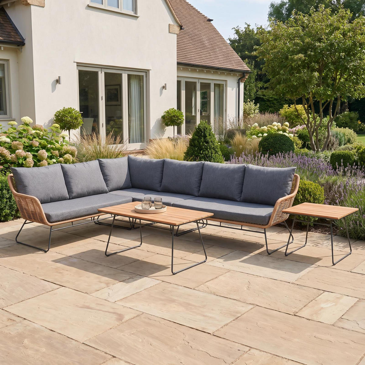 LOUNGE-SET Montreux Grau 6-Sitzer modular Polyrattan Teakholz - Grau, Kunststoff - bellavista - Home & Garden