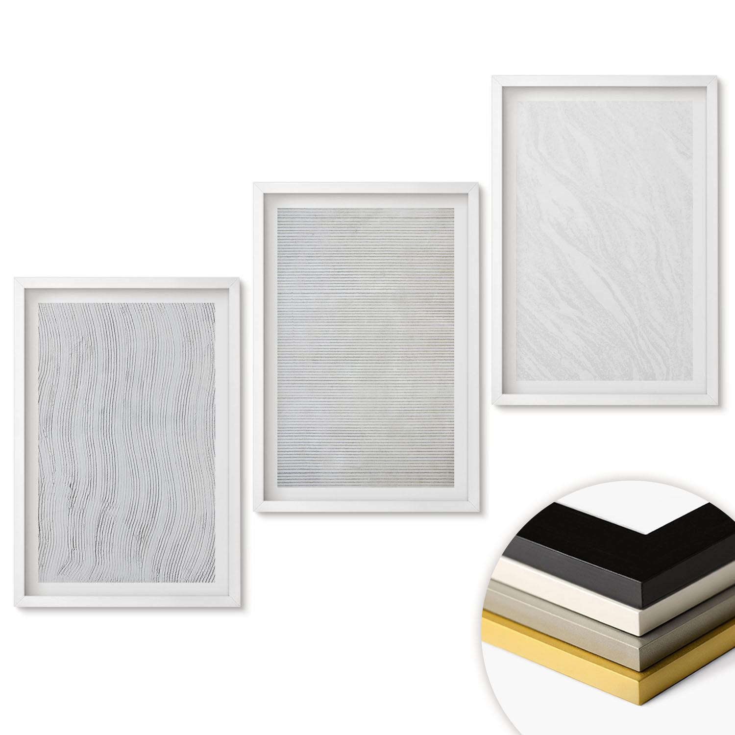 WANDBILDER 3er-Set - 40x60 cm Weißer Rahmen - Helle Sandmusterstrukturen - Weiß, Kunststoff (40/60cm) - ArtPrintCave