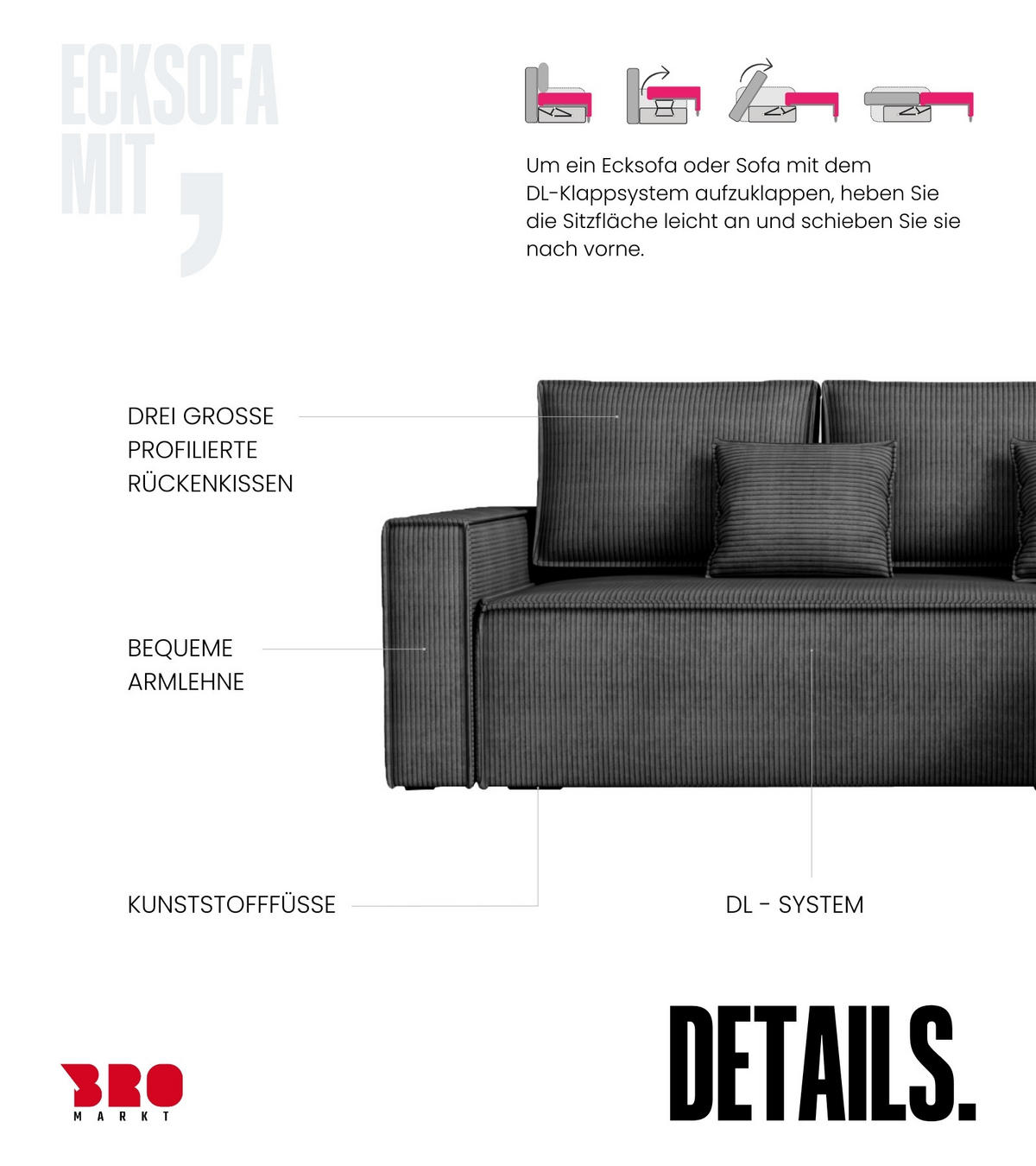 ECKSOFA Dexter mit Schlaffunktion Schwarz Cord - Schwarz, Textil (238/141cm) - Bromarkt