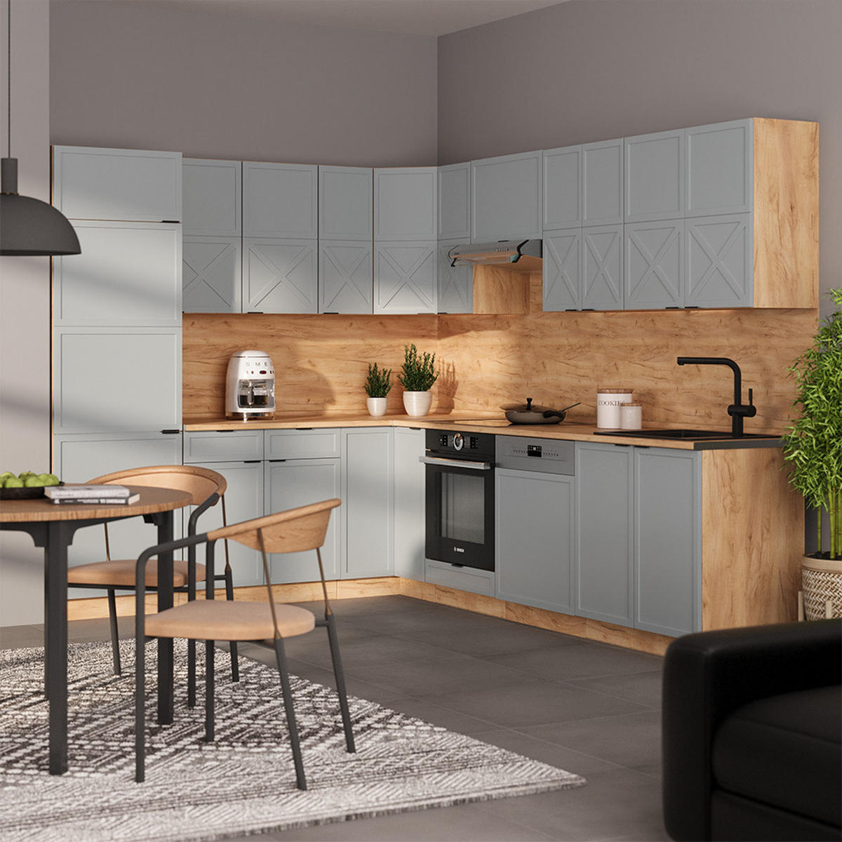 ECKKÜCHE Fame-Line Hellblau-grau/Goldkraft Eiche 227 x 287 cm AP Eiche - Honigeiche/Hellblau, Holzwerkstoff (227/81.6/60cm) - Vicco