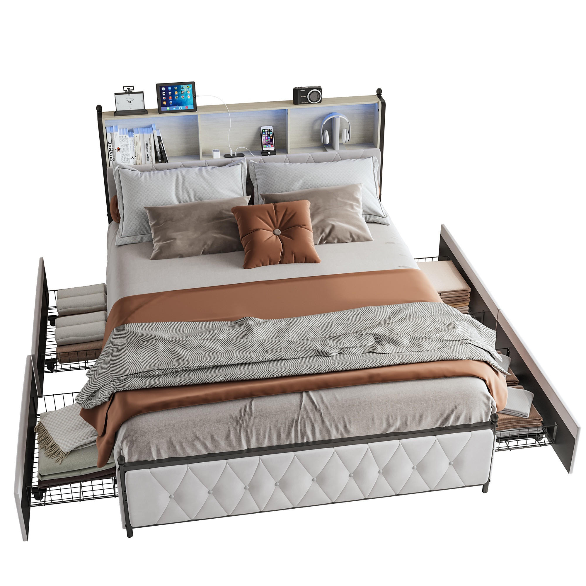 STAURAUMBETT 180/200 cm mit 4 Schubladen, LED und USB-Anschlüssen, Beige - Beige, Holzwerkstoff (180/200cm) - Brevoria