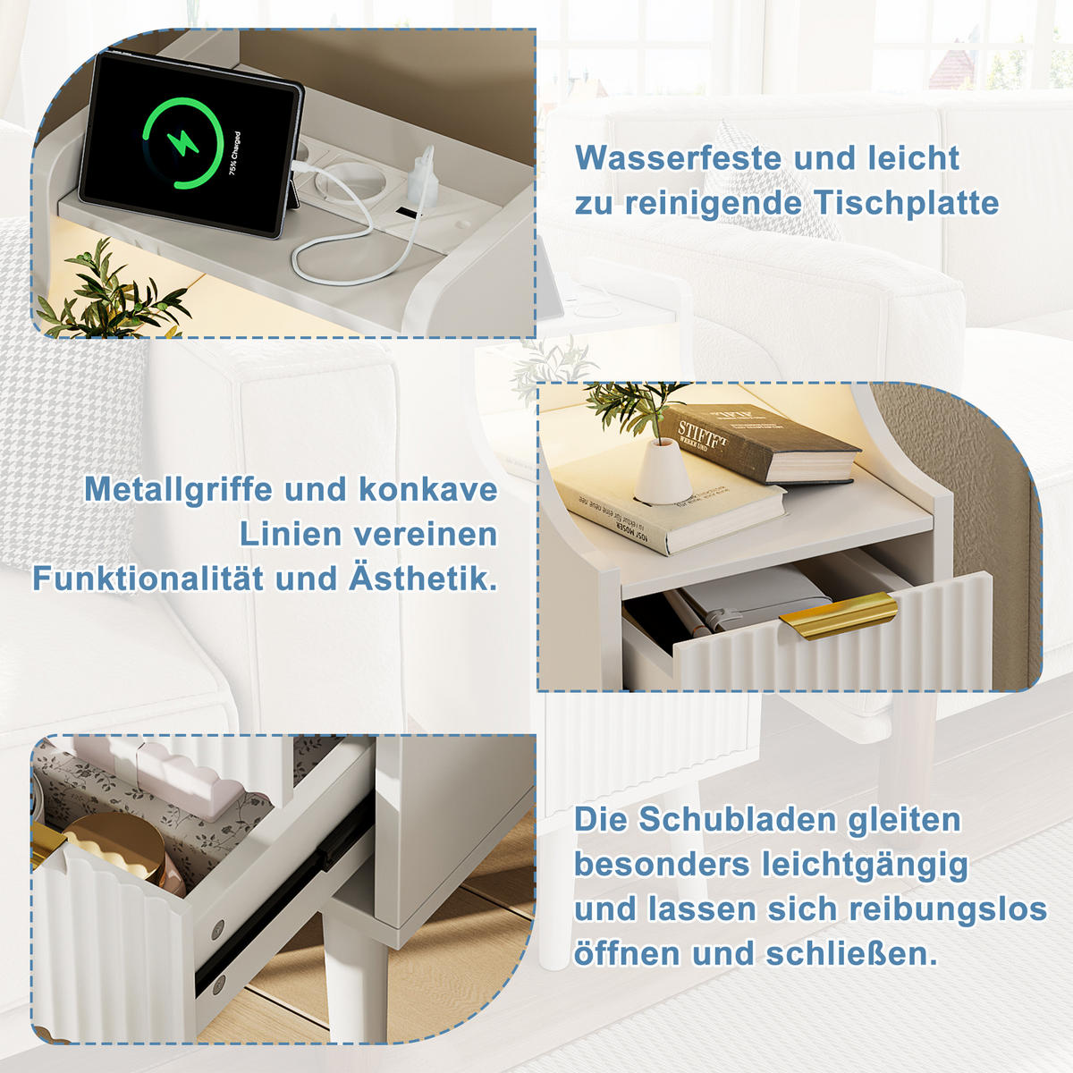 NACHTTISCH 2er-Set mit LED, Steckdose & USB, 2 Schubladen, Weiß, MDF - Weiß, Holz (25/76/30cm)