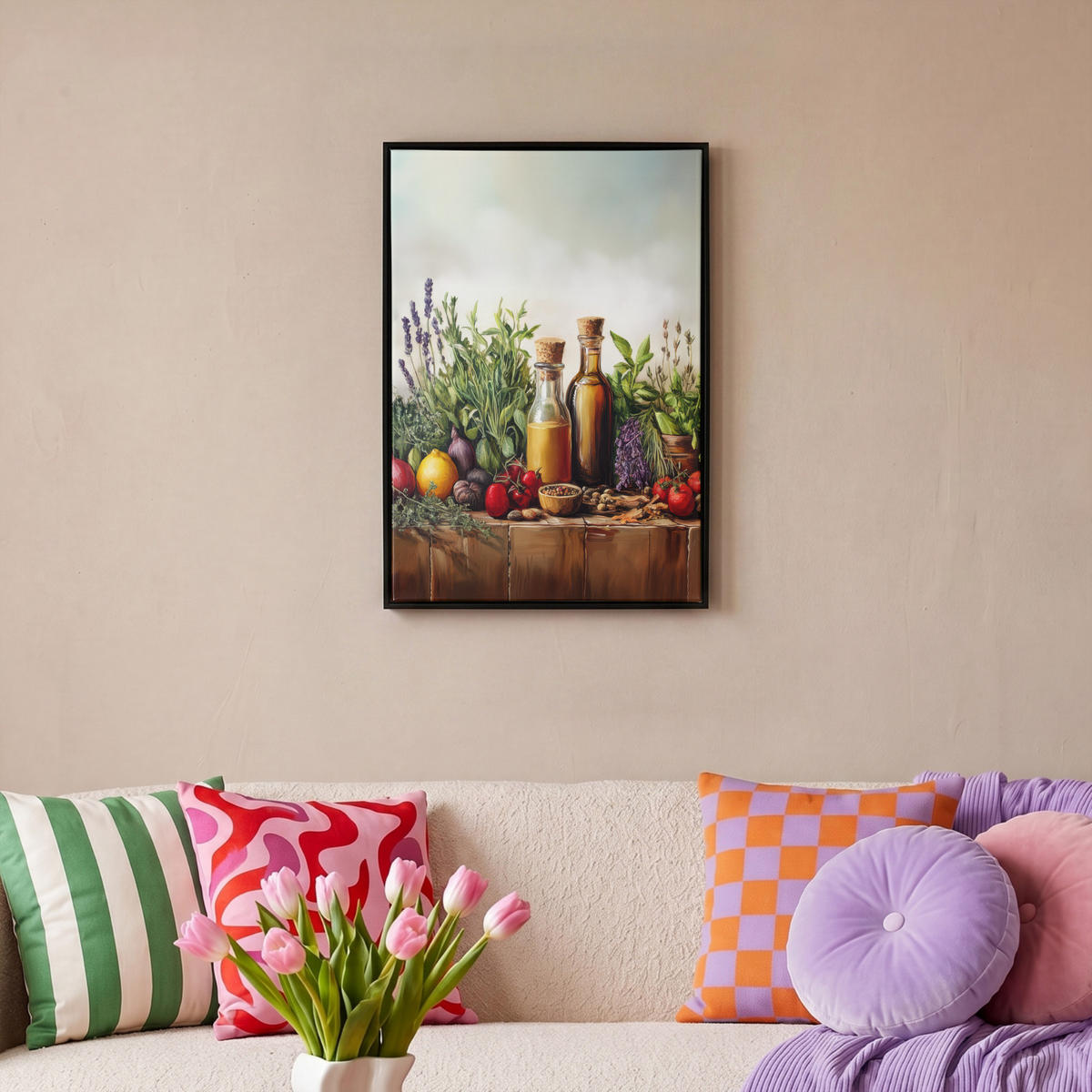 LEINWAND Bilder mit Rahmen - Stilleben - Kräuter - Gewürze - Früchte - Farbenfroh - 40x60 - Grün, Textil (40/60cm) - MuchoWow