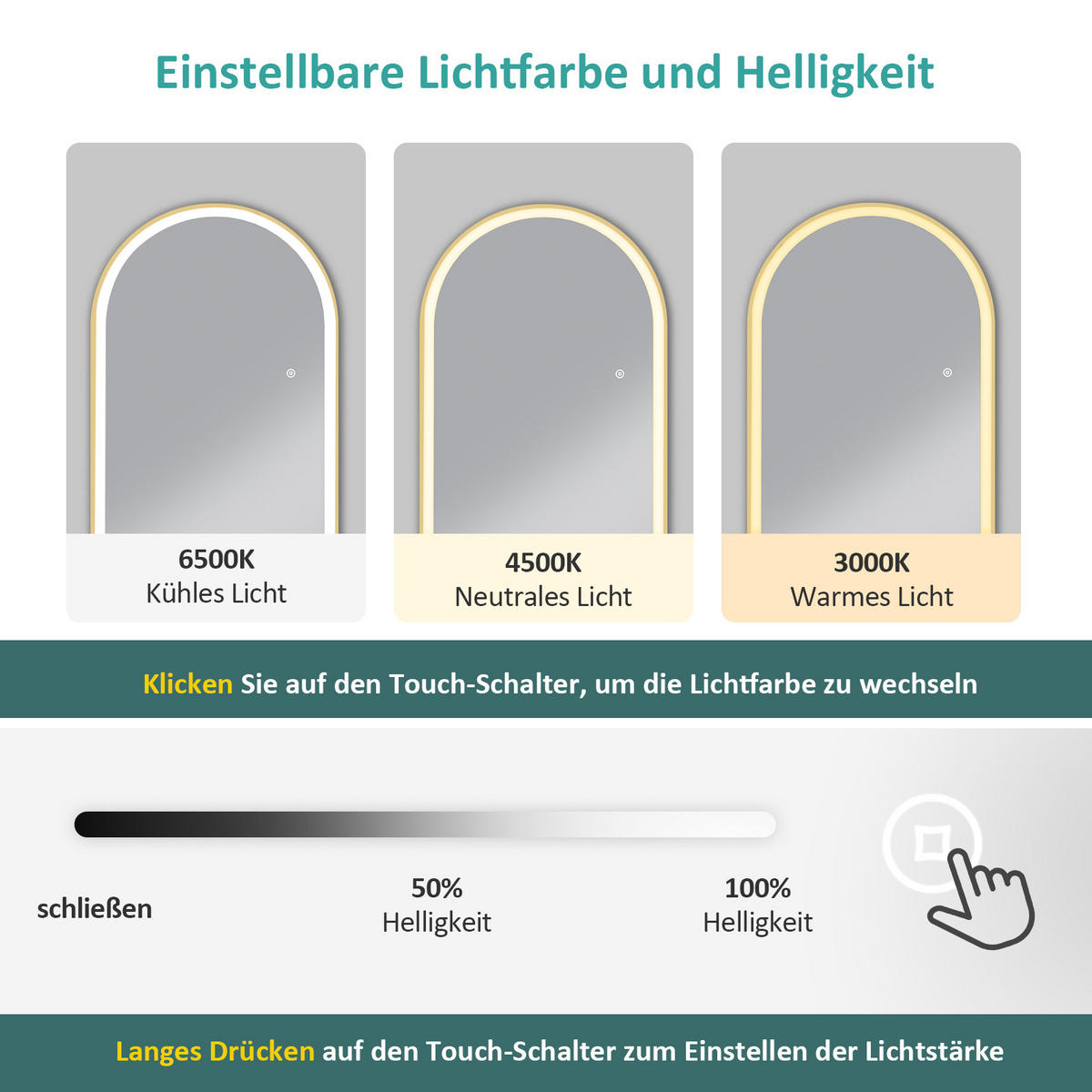 STANDSPIEGEL mit Beleuchtung und Rahmen Gold 160/60 cm - Goldfarben, Glas/Metall (60/160/160cm) - EMKE