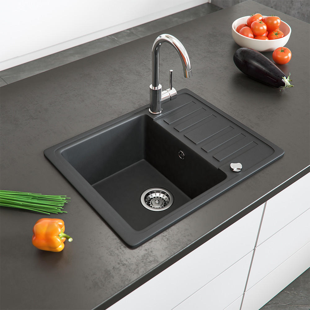 SPÜLBECKEN Schwarz 57.5 x 46 cm mit Trockenplatz - Schwarz, Keramik (57.5/19/46cm) - Bergstroem