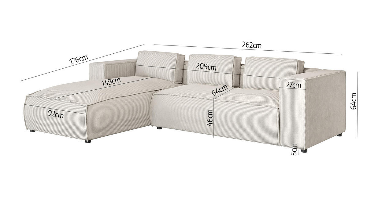 ECKSOFA Nova Beige Cord - Beige/Schwarz, Holz/Kunststoff (262/176cm) - S-Style Möbel