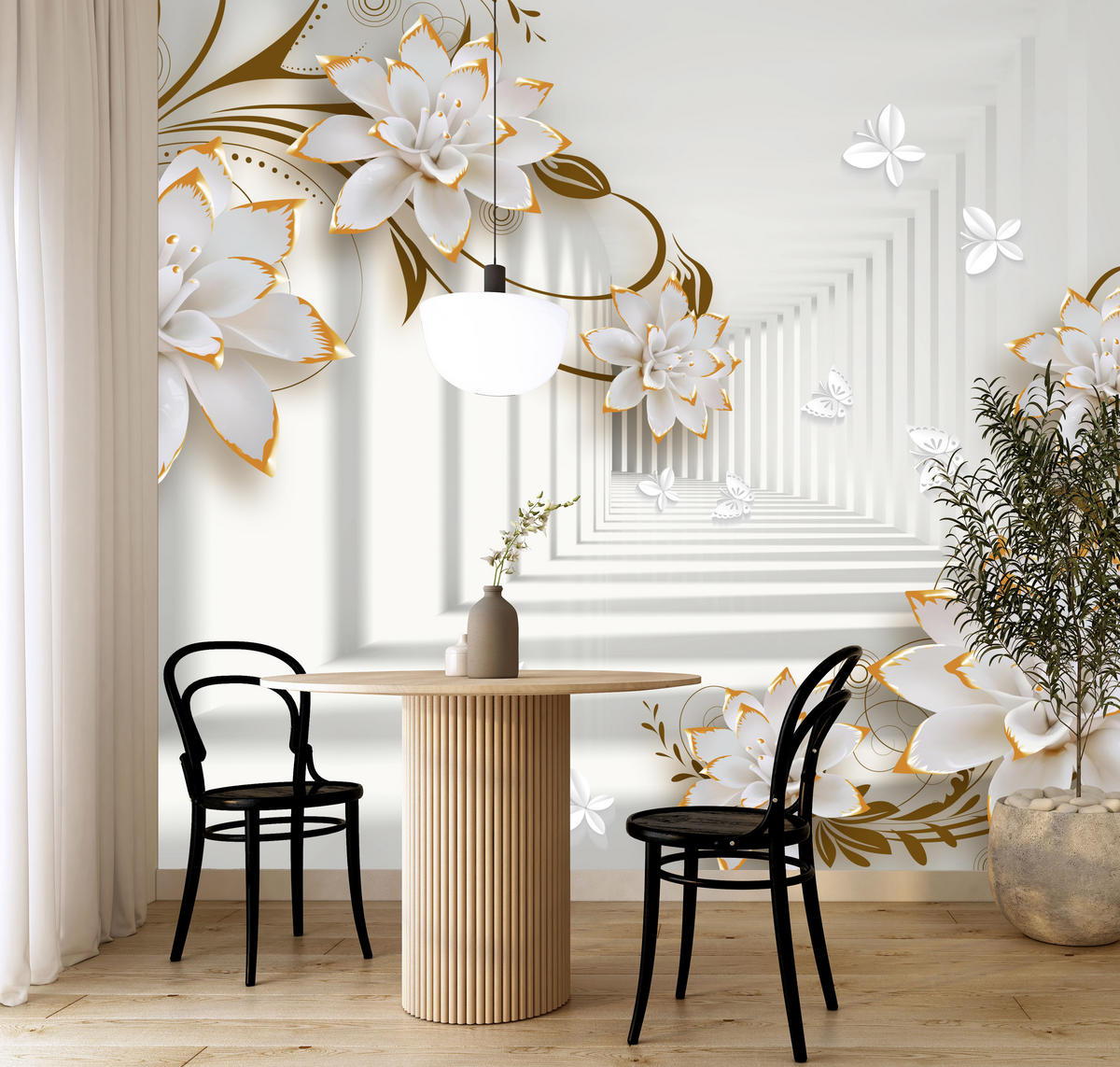 FOTOTAPETE für Wohnzimmer Abstrakter Blumen Tunnel Schmetterlinge 500x350 - Beige/Orange, Papier (500/350cm) - Muralo