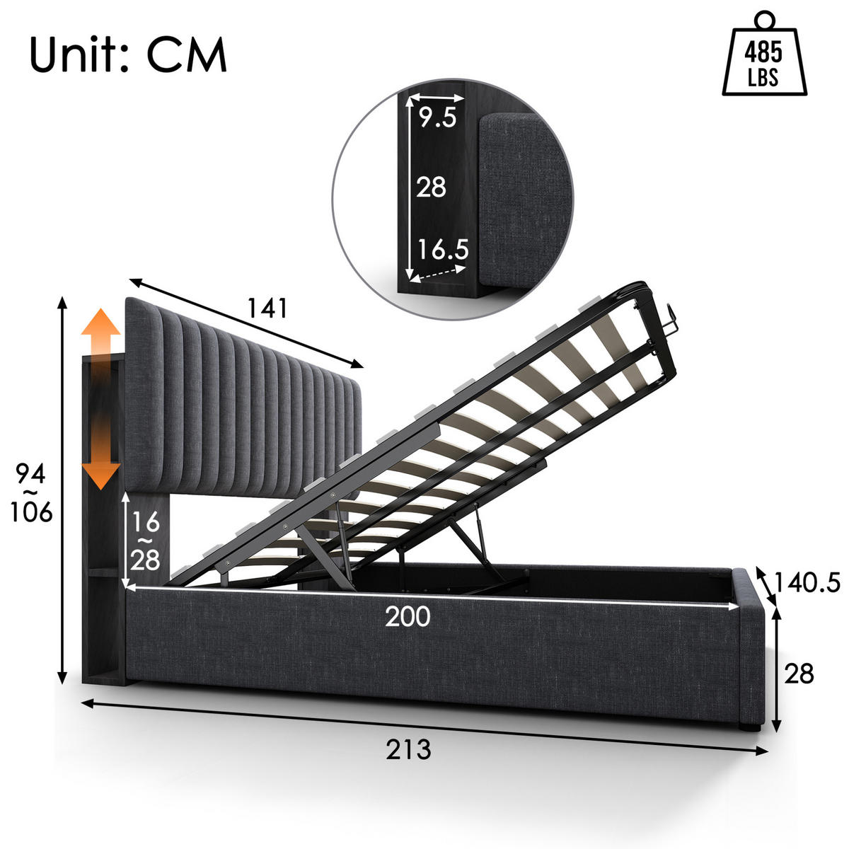 BETT mit Stauraum und LED 140x200 cm Leinen Grau - Grau, Metall (140/200cm) - Meubliv