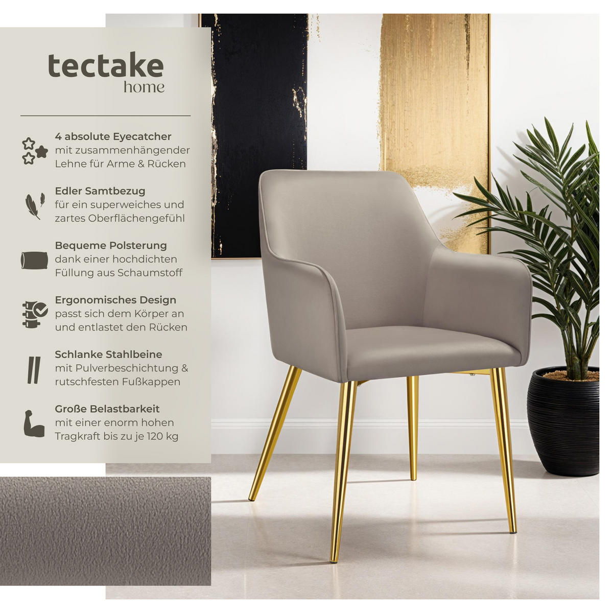 ARMLEHNSTUHL Avane ,55 x 63,5 x 86,5 cm,taupe - Taupe, Textil (55/86.5/63.5cm) - tectake