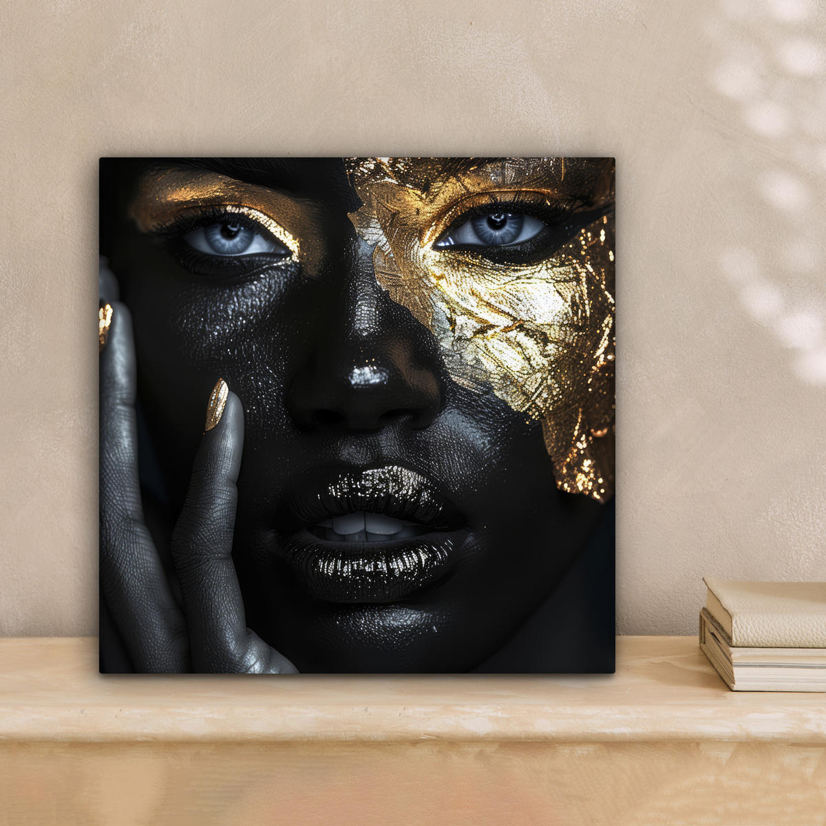 LEINWANDBILD Frau - Gold - Porträt - Schwarz-Weiß - Luxus 20x20 cm - Hellblau, Textil (20/20cm) - MuchoWow