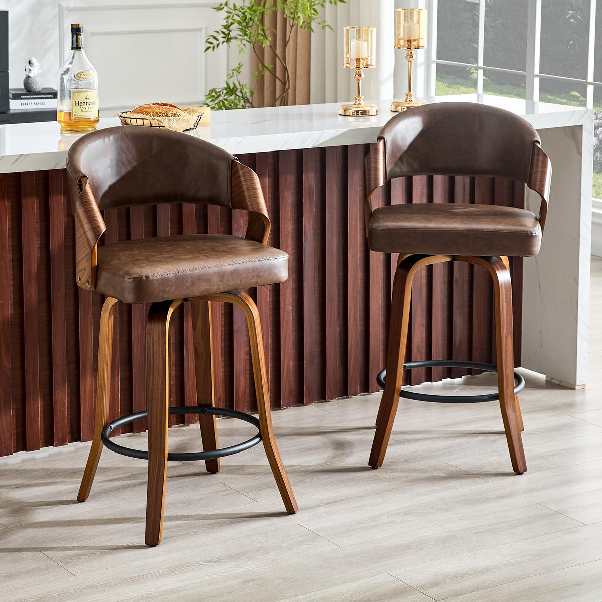 BARHOCKER 2er-Set Braun mit Rückenlehne und Holzgestell - Braun, Holz (51/95/42cm) - PANGIVO