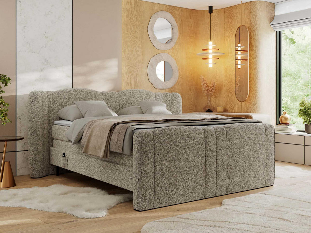 BOXSPRINGBETT FORTINA 160/200 - Taupe Stukture - Topper T25 - H3 - Taupe/Schwarz, Holz/Textil (160/200cm) - MKS