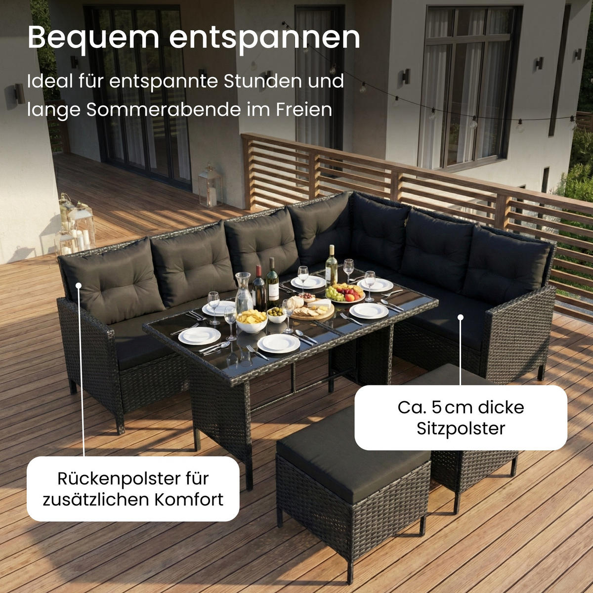 GARTENMÖBEL-SET mit Ecksofa und Esstisch in schwarze Kissen - Schwarz, Metall - Home Collective