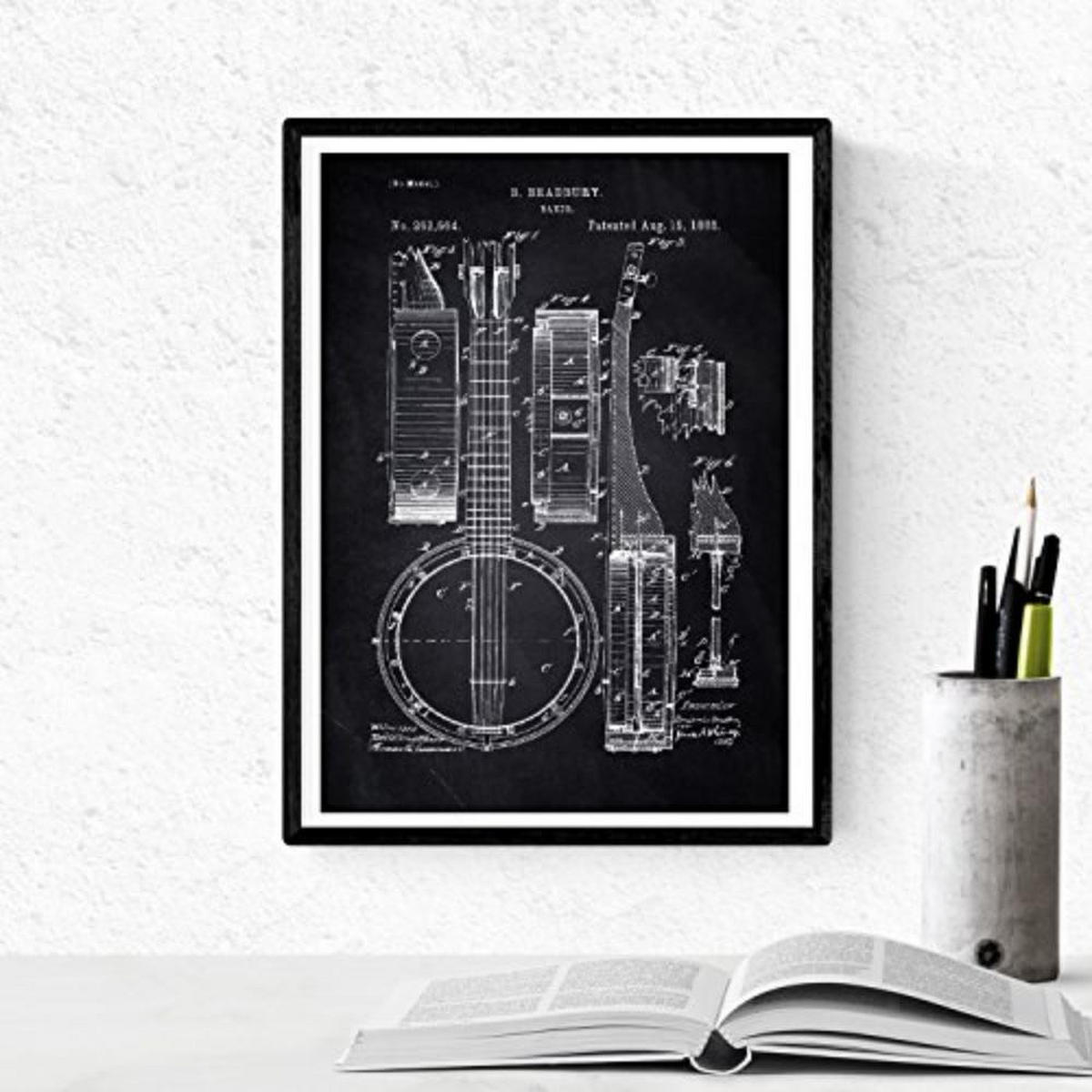 POSTER Set mit 4 Schwarz MusikPatenten A4 Schwarzer Rahmen - Schwarz, Papier (29.7/3cm) - Nacnic