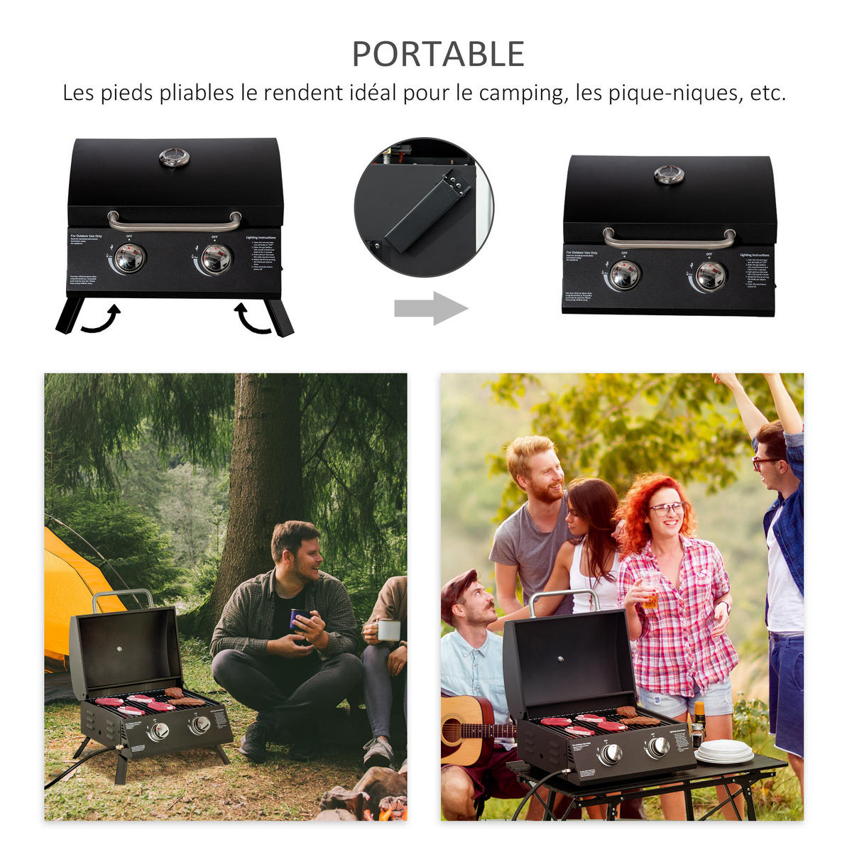 GASGRILL DE-18611 tragbar mit 2 Brennern & Thermometer Schwarz - Schwarz, Metall (46.5/41/55cm) - ComfortXL