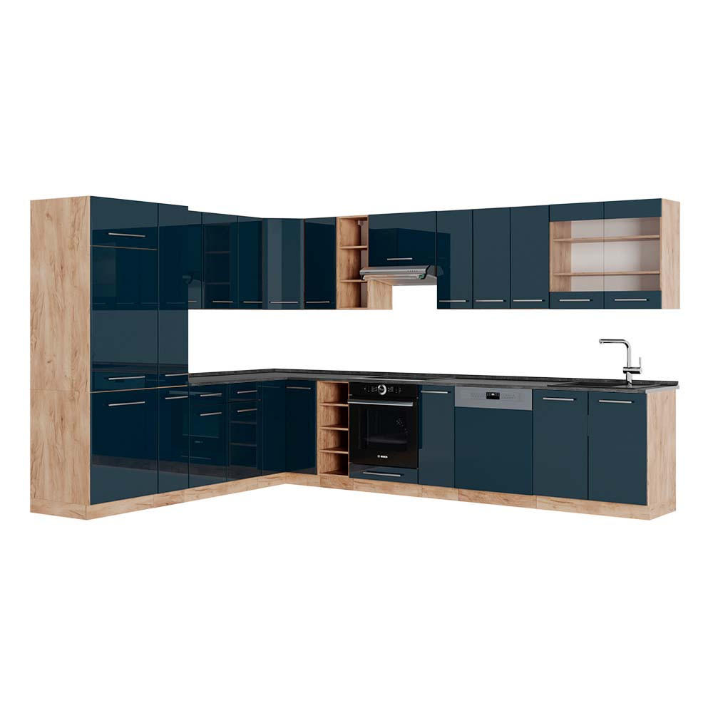 EINBAUKÜCHE Fame-Line Dunkelblau Hochglanz/ Eiche 257x60 cm AP Anthrazit - Eiche Wotan/Dunkelblau, Holzwerkstoff (347/81.6/60cm) - Vicco