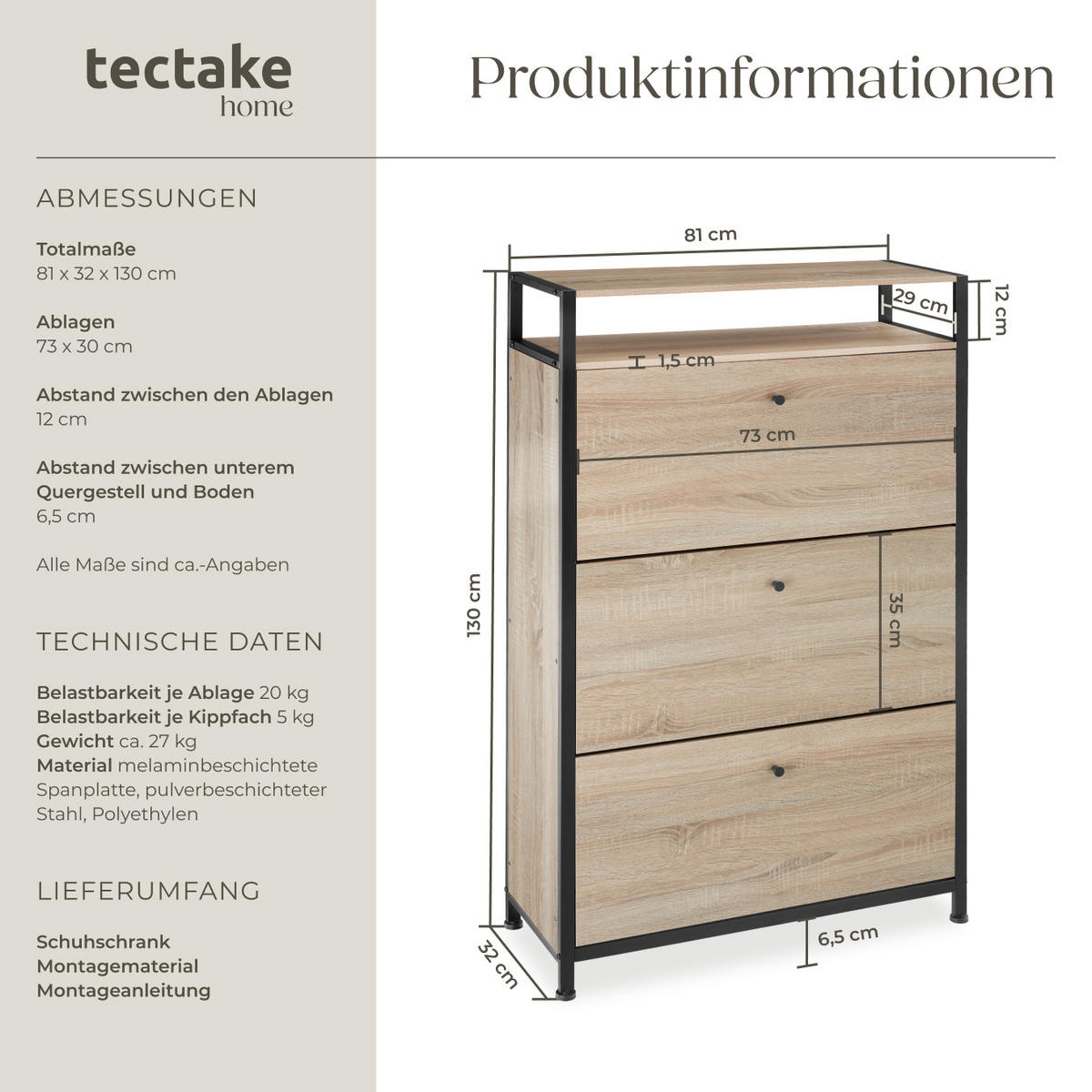 SCHUHSCHRANK Buffalo,inklusive Kippschutz, 81 x 32 x 130 cm,Industrial Holz hell, Eiche Sonoma - Naturfarben, Holzwerkstoff (32/130/81cm) - tectake