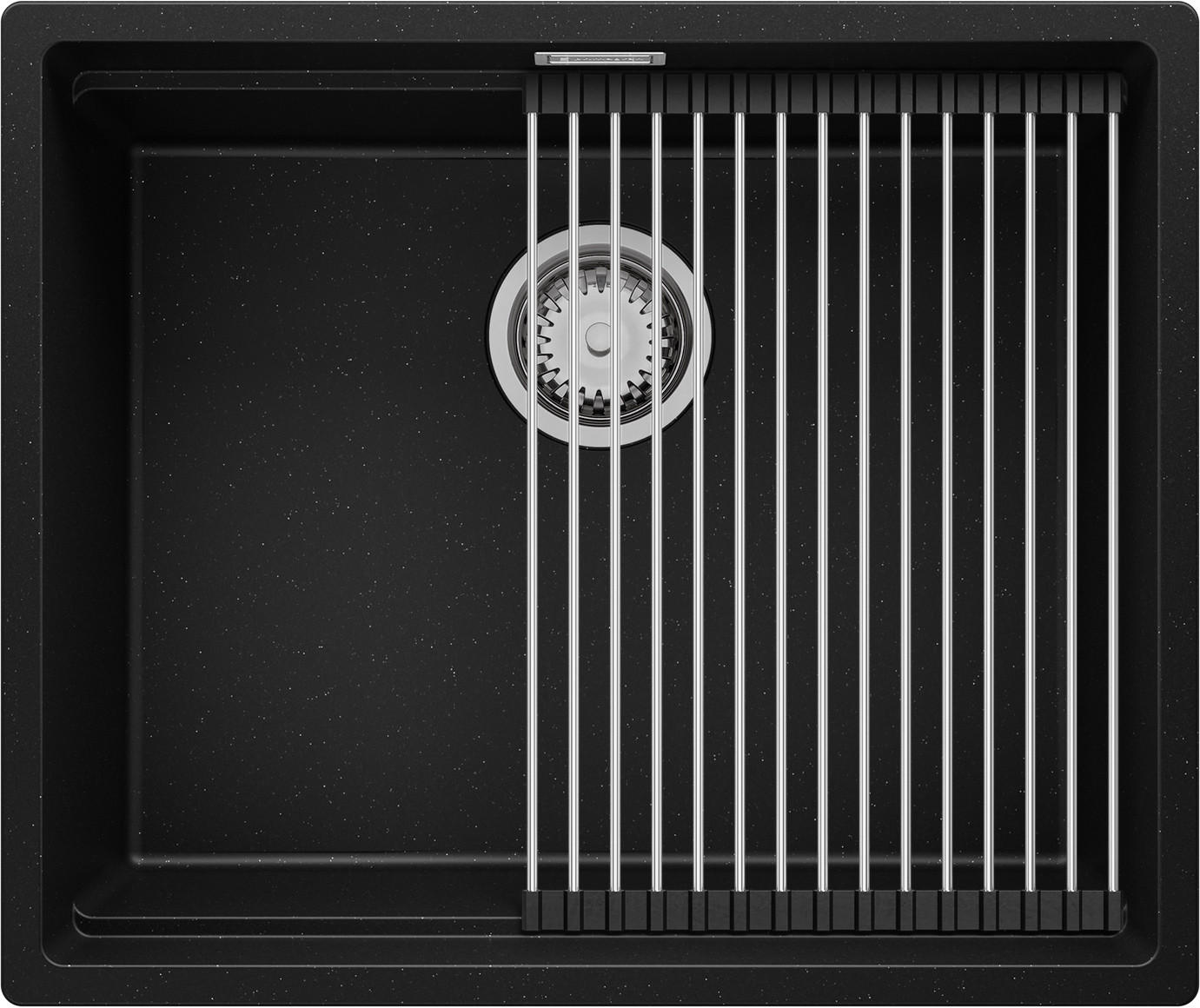 SPÜLBECKEN Praga Slim, 2-er set Schwarz Metallic 56/47 cm 1 Becken + Ablauf-Set + Aufrollbare Abtropffläche ab 60er Unterschrank - Chromfarben/Schwarz Hochglanz, Kunststoff (56/20/47cm) - Primagran