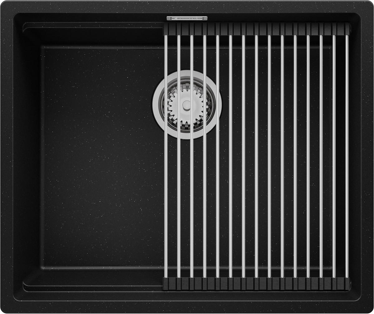 SPÜLBECKEN Praga Slim, 2-er set Schwarz Metallic 56/47 cm 1 Becken + Ablauf-Set + Aufrollbare Abtropffläche ab 60er Unterschrank - Chromfarben/Schwarz Hochglanz, Kunststoff (56/20/47cm) - Primagran