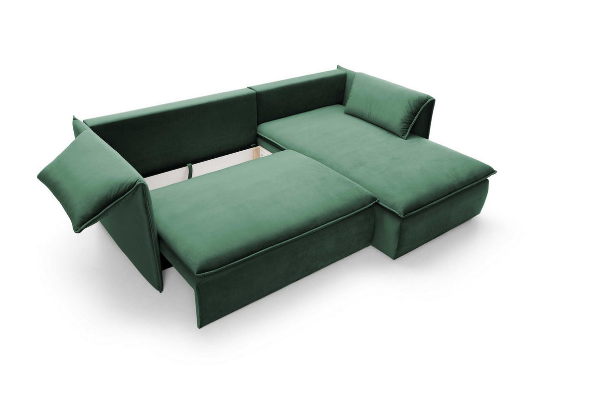 ECKSOFA PREGIO Grün Plüsch-Stoff mit Schlaffunktion - Grün, Holz (230/166cm) - MASSENO