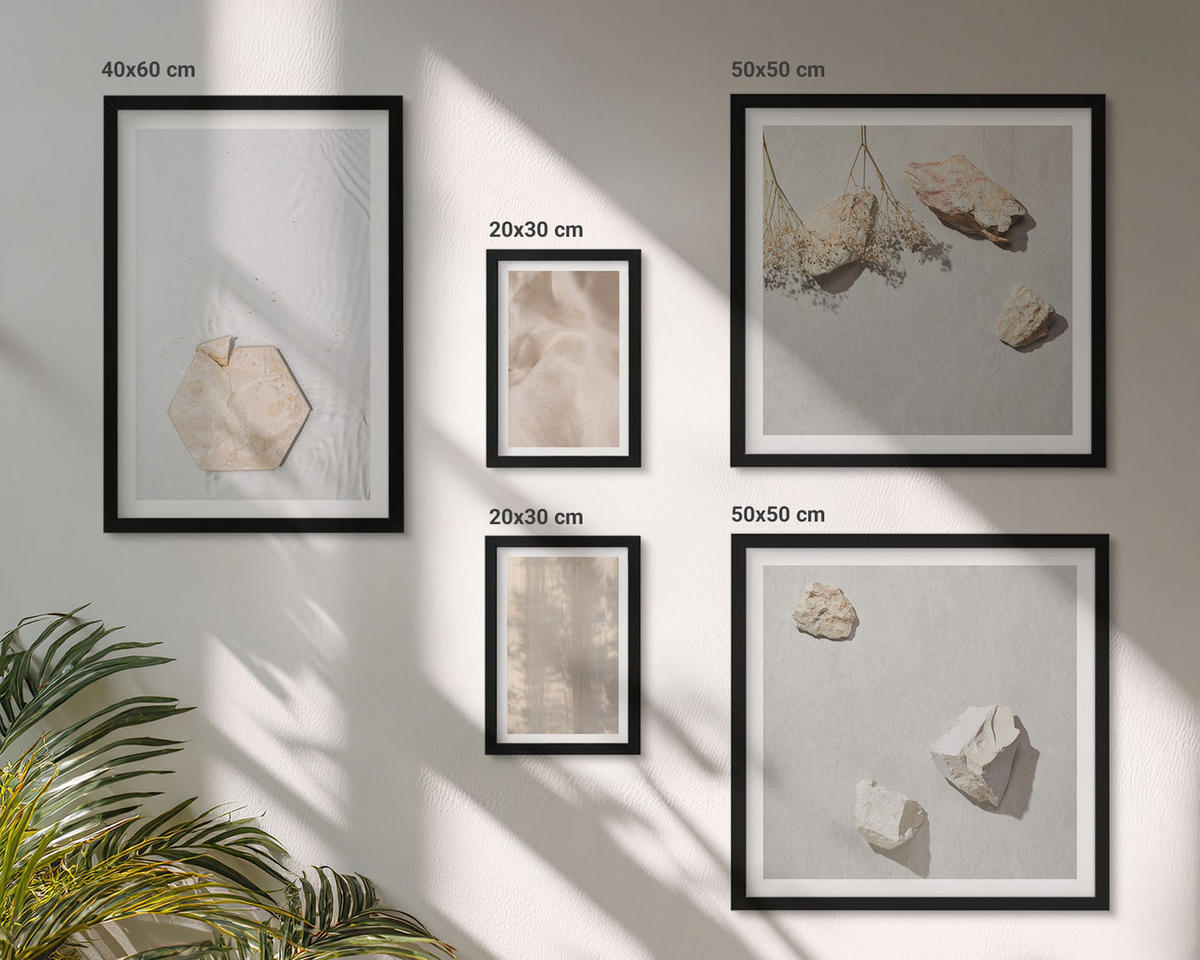 BILDER SET 5er Set - 50x50 cm & 20x30 cm & 40x60 cm Schwarzer Rahmen - Dezente Boho-Naturtexturen - Schwarz, Kunststoff (40/60cm) - TULUP