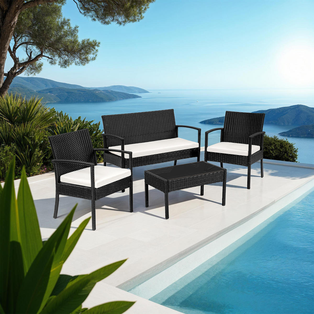 RATTAN SITZGRUPPE Sparta,schlanke Gestelle,schwarz - Schwarz, Kunststoff - tectake