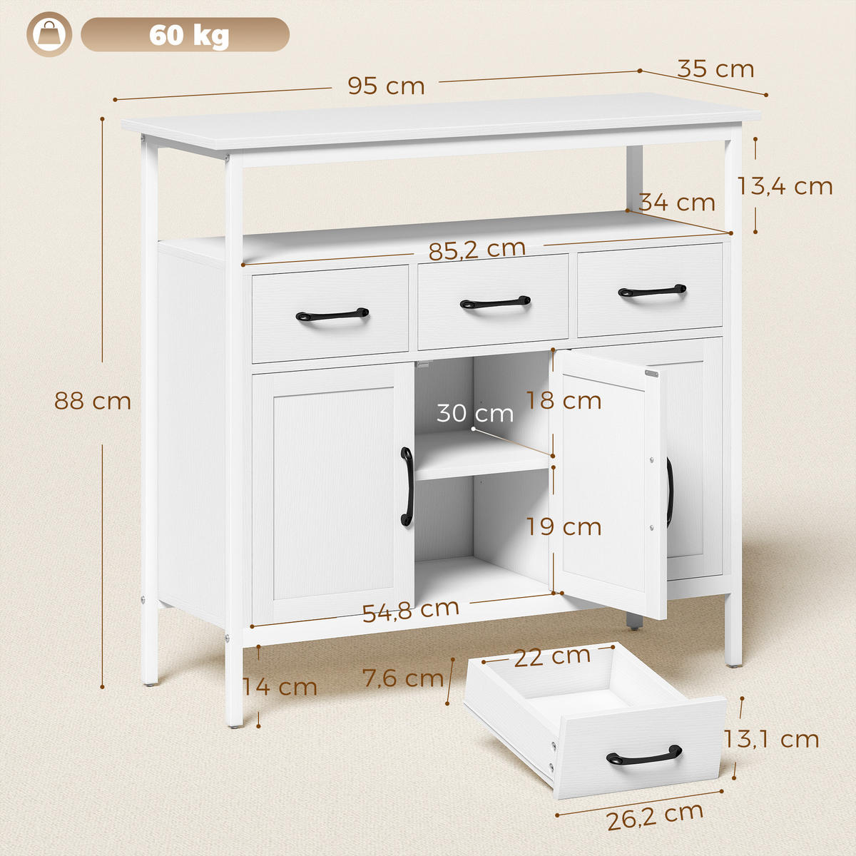 SIDEBOARD Spanplatte Edelstahl Weiß - Edelstahlfarben/Schwarz, Holzwerkstoff/Metall (35/88/95cm) - HOMCOM