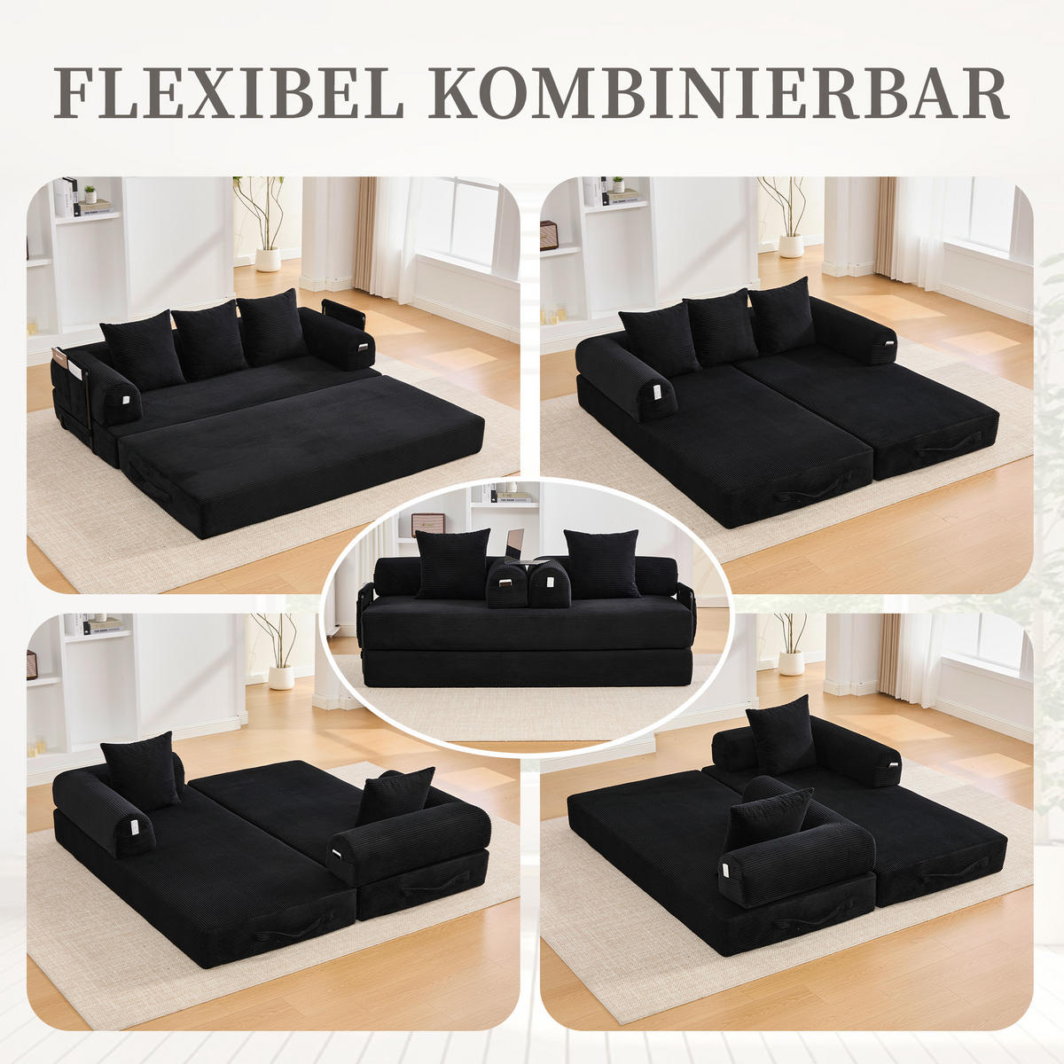 SCHLAFSOFA 200/94/67 cm Schwarz mit Seitentaschen plus und 3 Kissen - Schwarz, Textil (200/67/94cm) - Oxeza