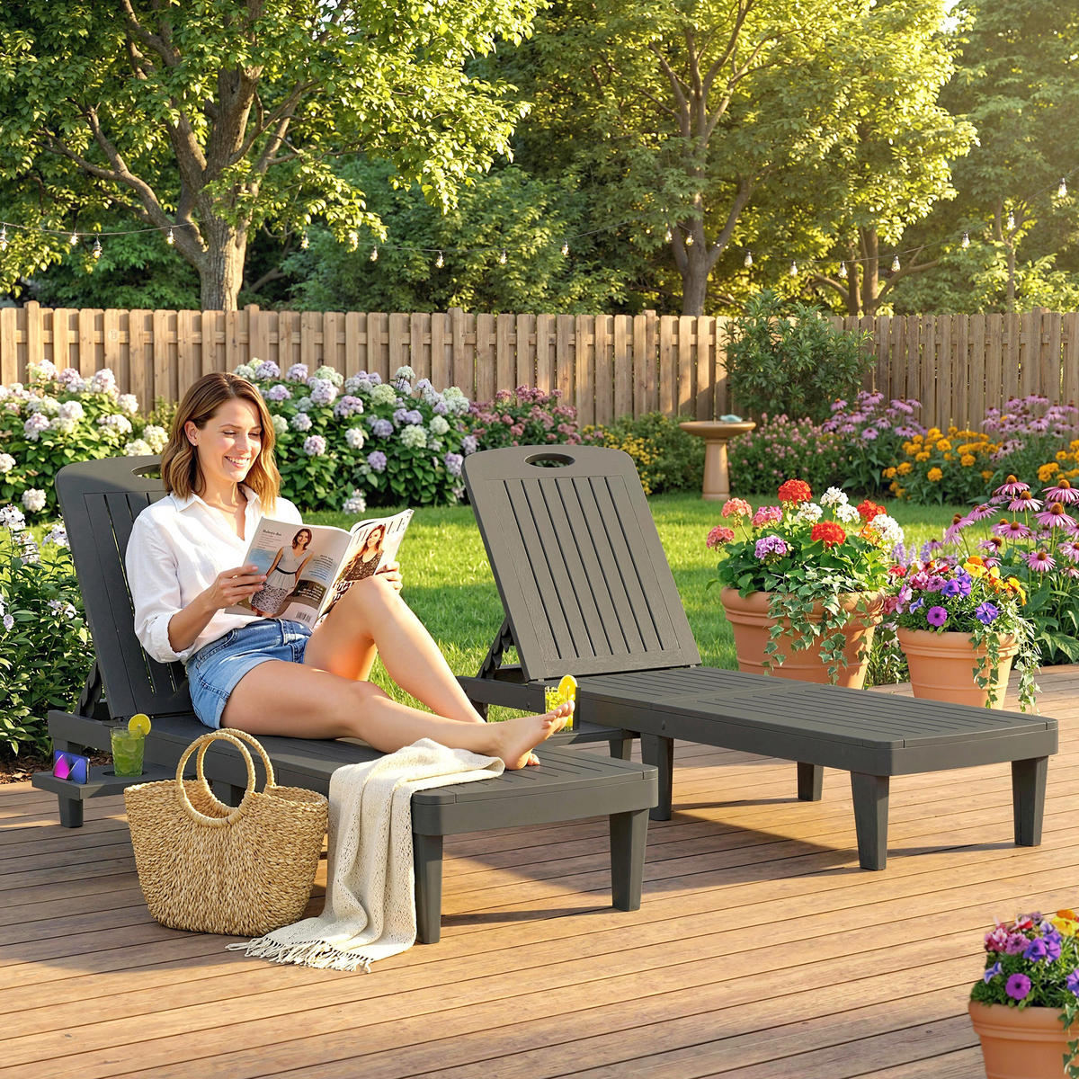 SONNENLIEGE DE-15692 2er-Set mit Seitentisch Grau - Grau, Kunststoff (57/28.5/192cm) - ComfortXL