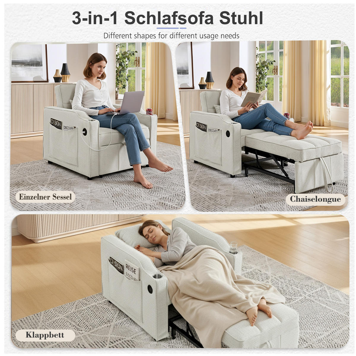 SCHLAFSESSEL DE-35033 3-in-1 mit USB-C und Getränkehalter Grau - Beige, Holz (85/86/190cm) - ComfortXL