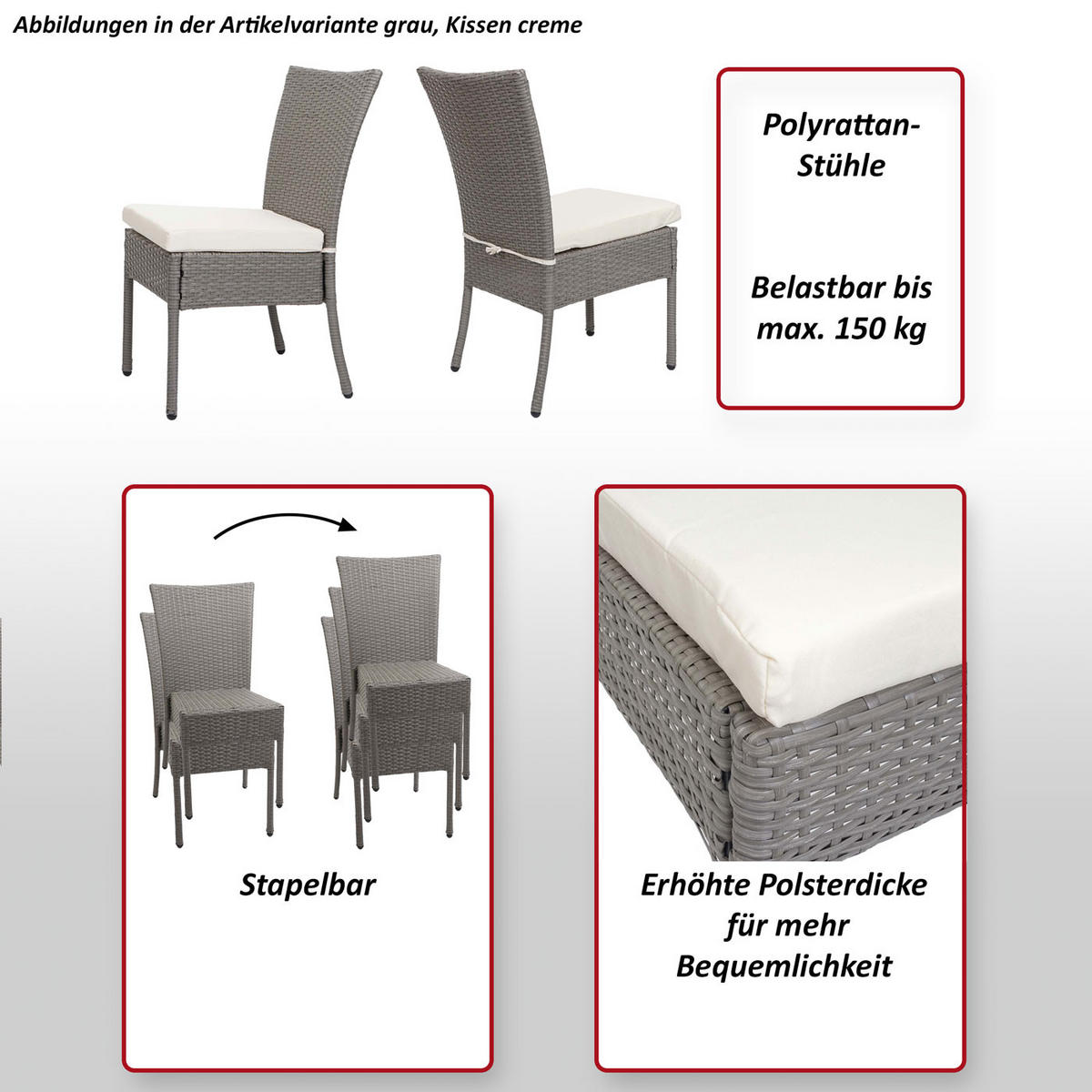 POLY-RATTAN STUHL Grau, Anthrazit 2er-Set - Hellgrau/Grau, Kunststoff (52/90/58cm) - MCW