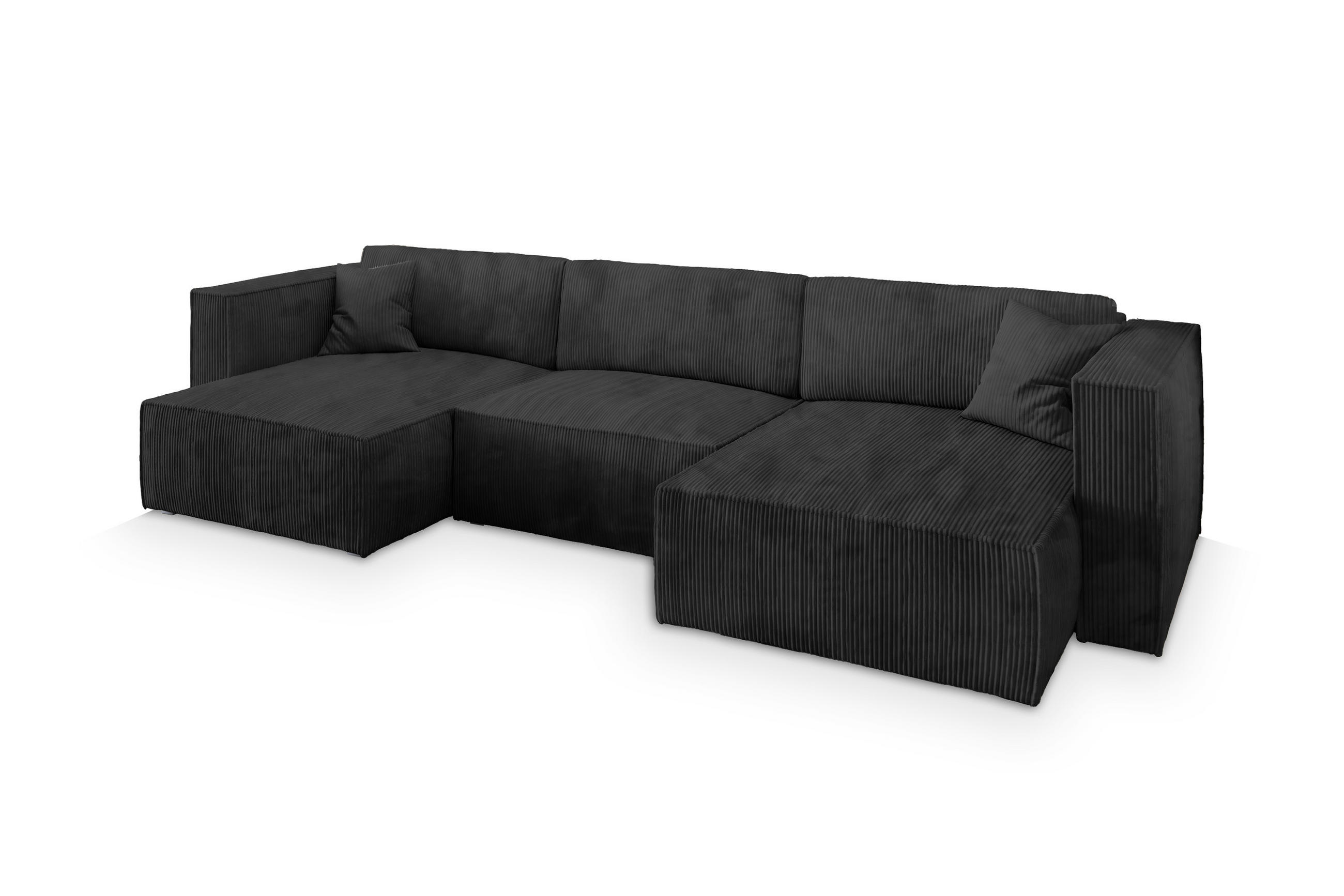 WOHNLANDSCHAFT SARMO P Schwarz Kordstoff mit Schlaffunktion - Schwarz, Holz (347/70/148cm) - MASSENO