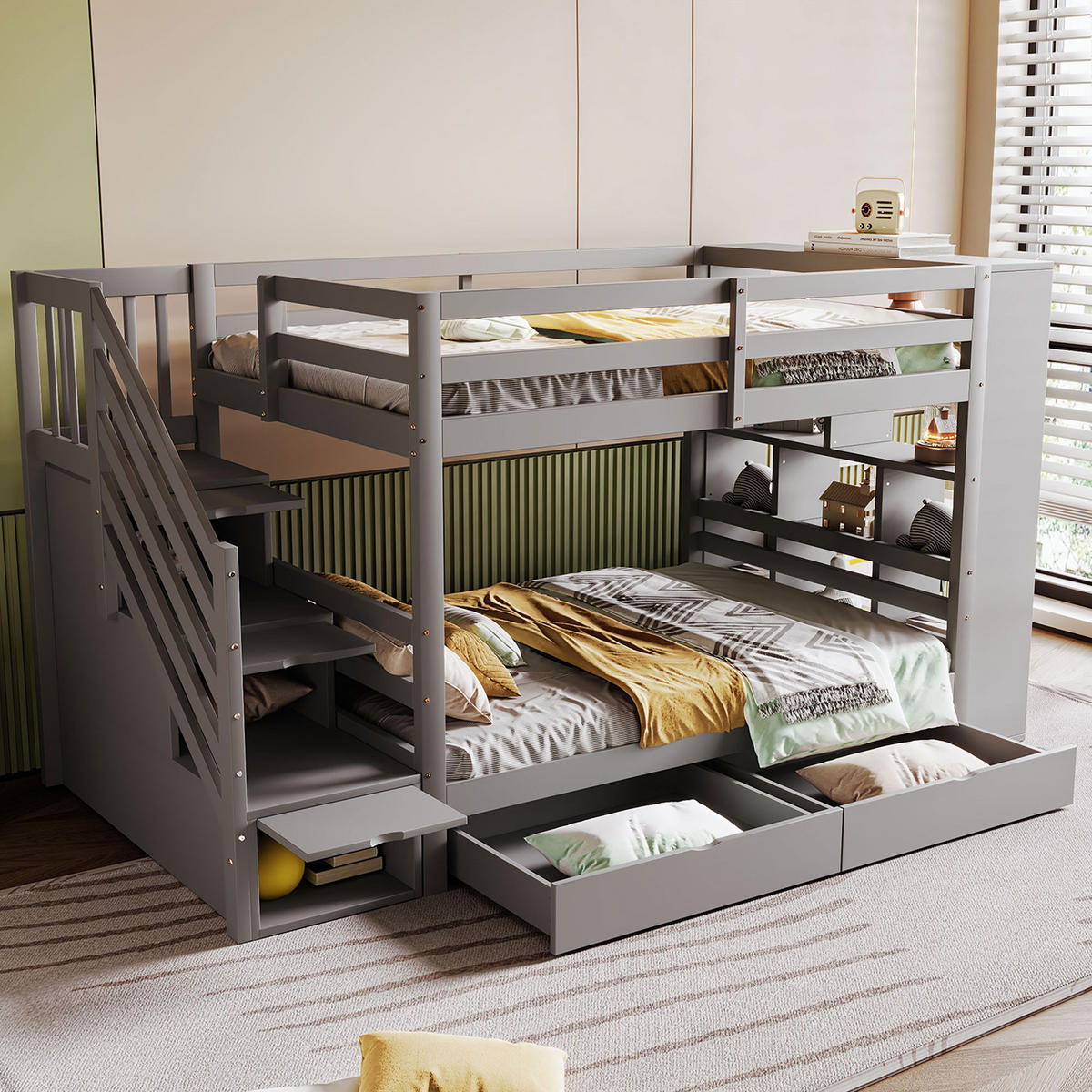 ETAGENBETT 90/200 cm Grau mit Sicherheitstreppe und Stauraum - Grau, Holz (90/200cm) - OKWISH