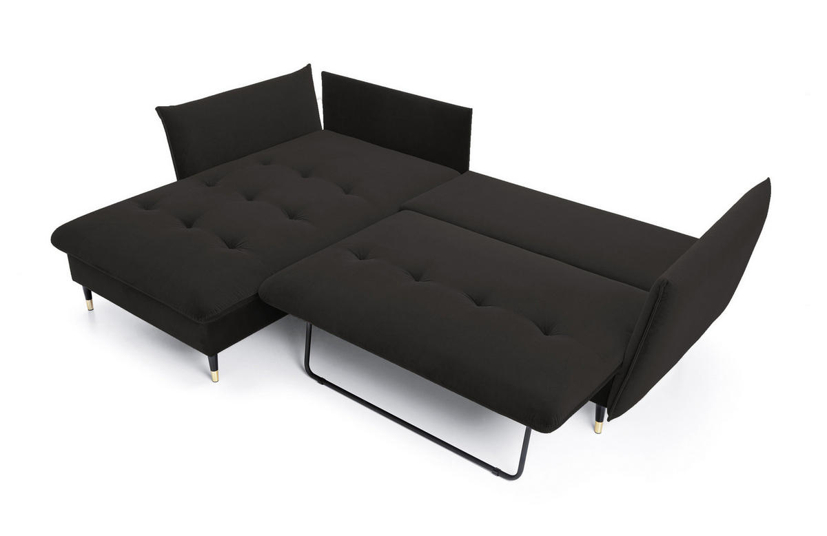ECKSOFA GLAM mit Schlaffunktion, Ottomane & goldenen Füßen – Samtsofa im Glamour-Stil mit Zierkissen, 258x167x91cm, Linke, SCHWARZ - Schwarz, Holz/Textil (167/258cm) - DomoHome