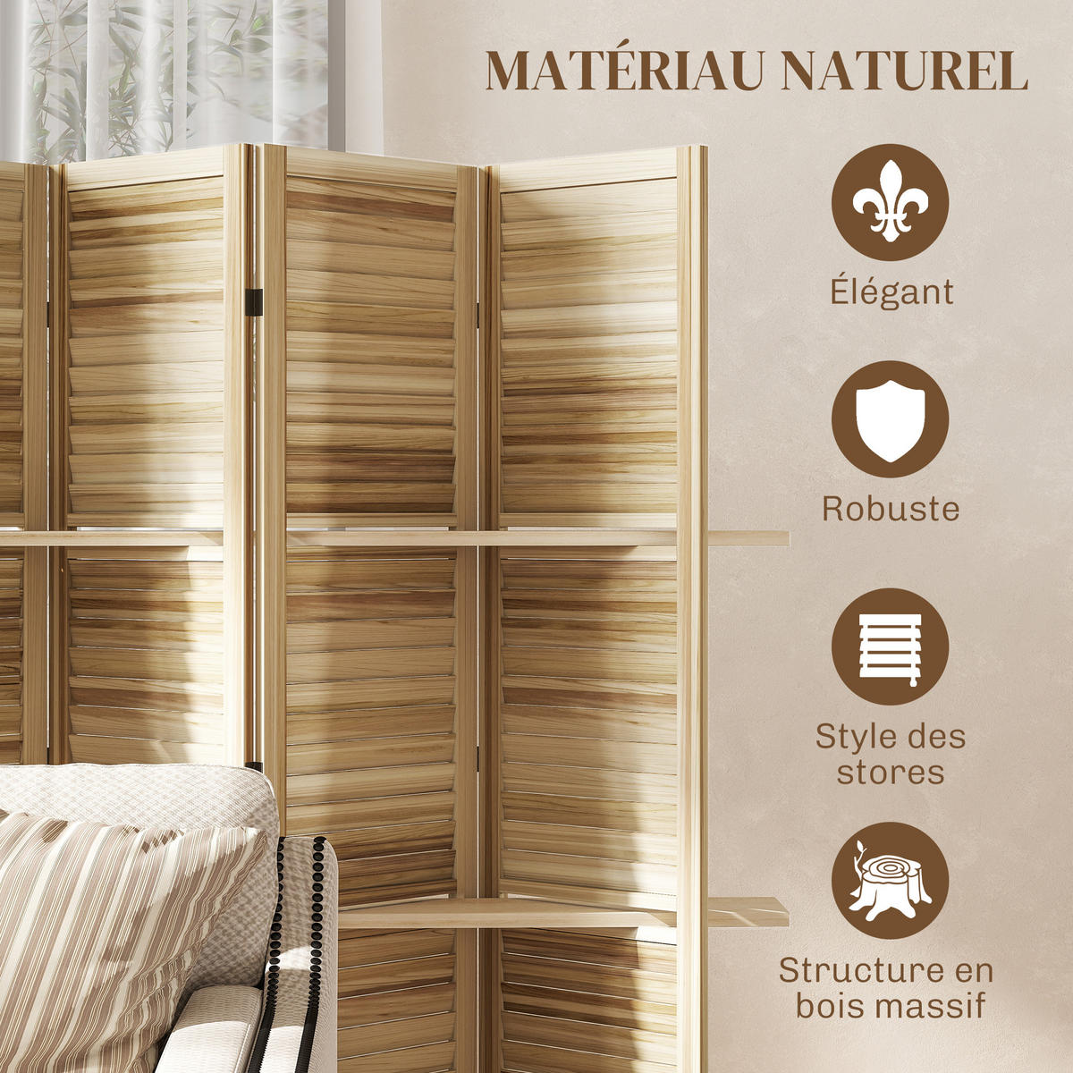 PARAVENT DE-14318 4 Paneele, 3 Regalböden, Lamellen Naturholz - Naturfarben, Holz (160/170/1.9cm) - ComfortXL