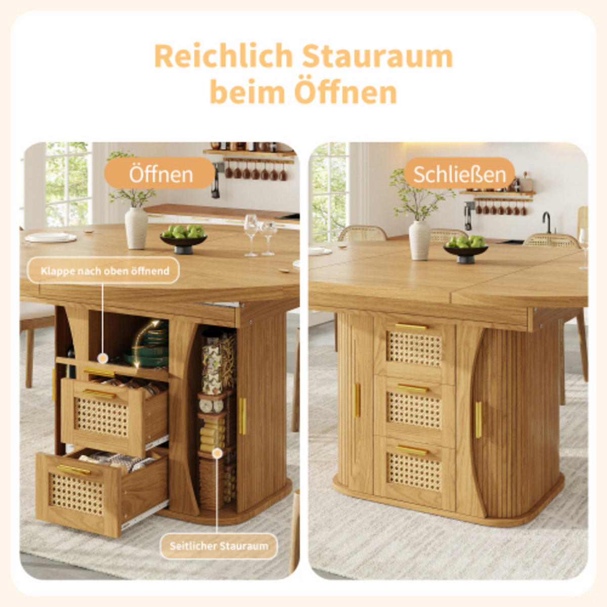 ESSTISCH Ausziehbarer 118-158×118×77,1 cm aus MDF und Metall mit Rattan-Schubladen, naturfarben - Naturfarben, Holzwerkstoff (158/118/77.1cm) - Luhomfu